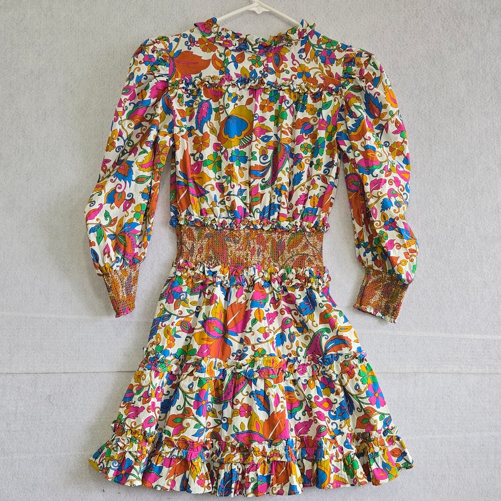 House of Harlow 1960 Nicole Richie Floral Smocked Mini Dress Cotton Small Multi - Picture 6 of 7